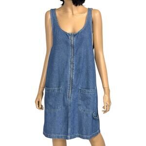 Vintage 90s Y2k Denim Jumper Dress M Front Zip Pockets Boho Indie Prairie Grunge